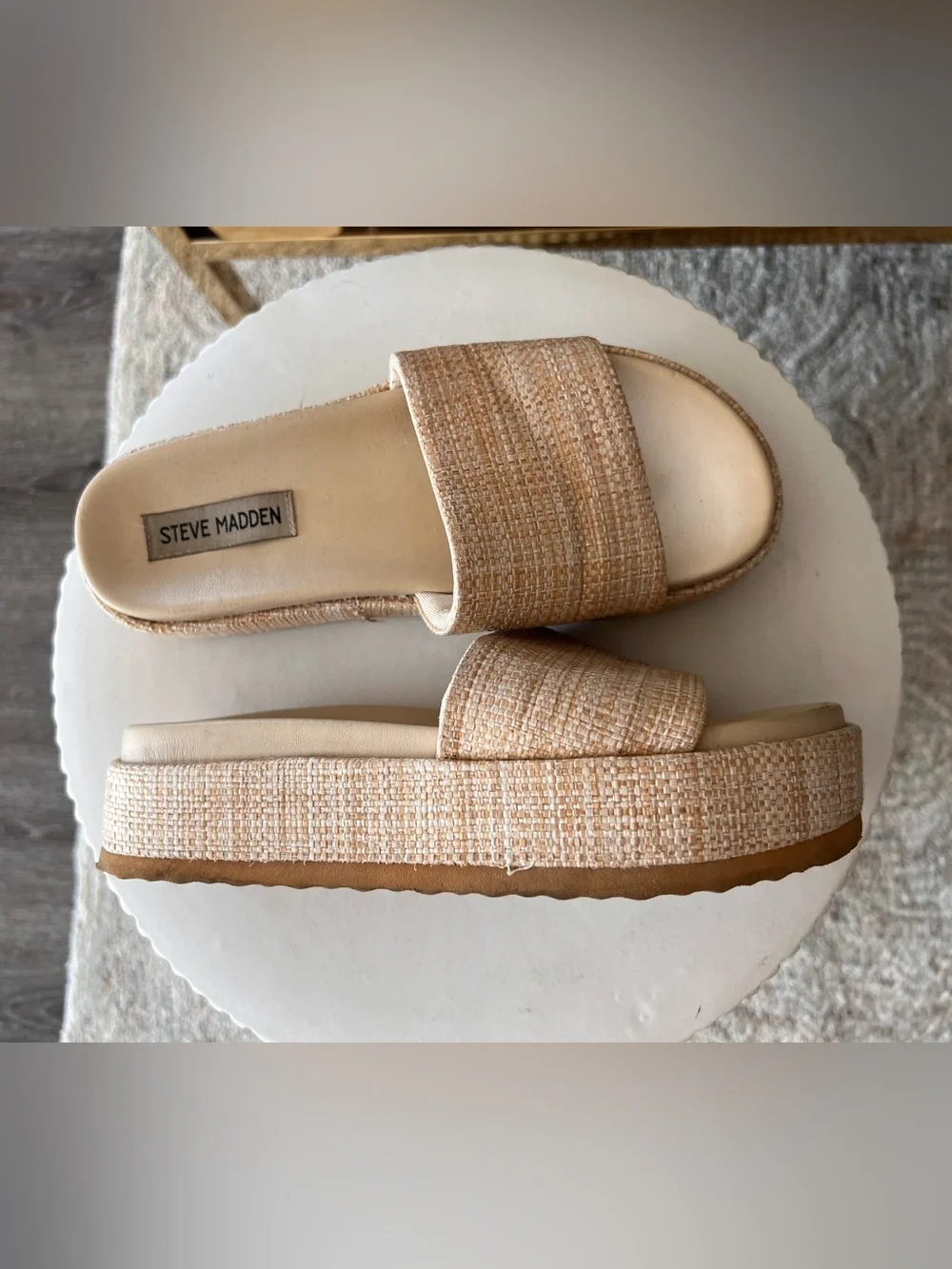Steve Madden Beige Woven Platform Slide Sandals